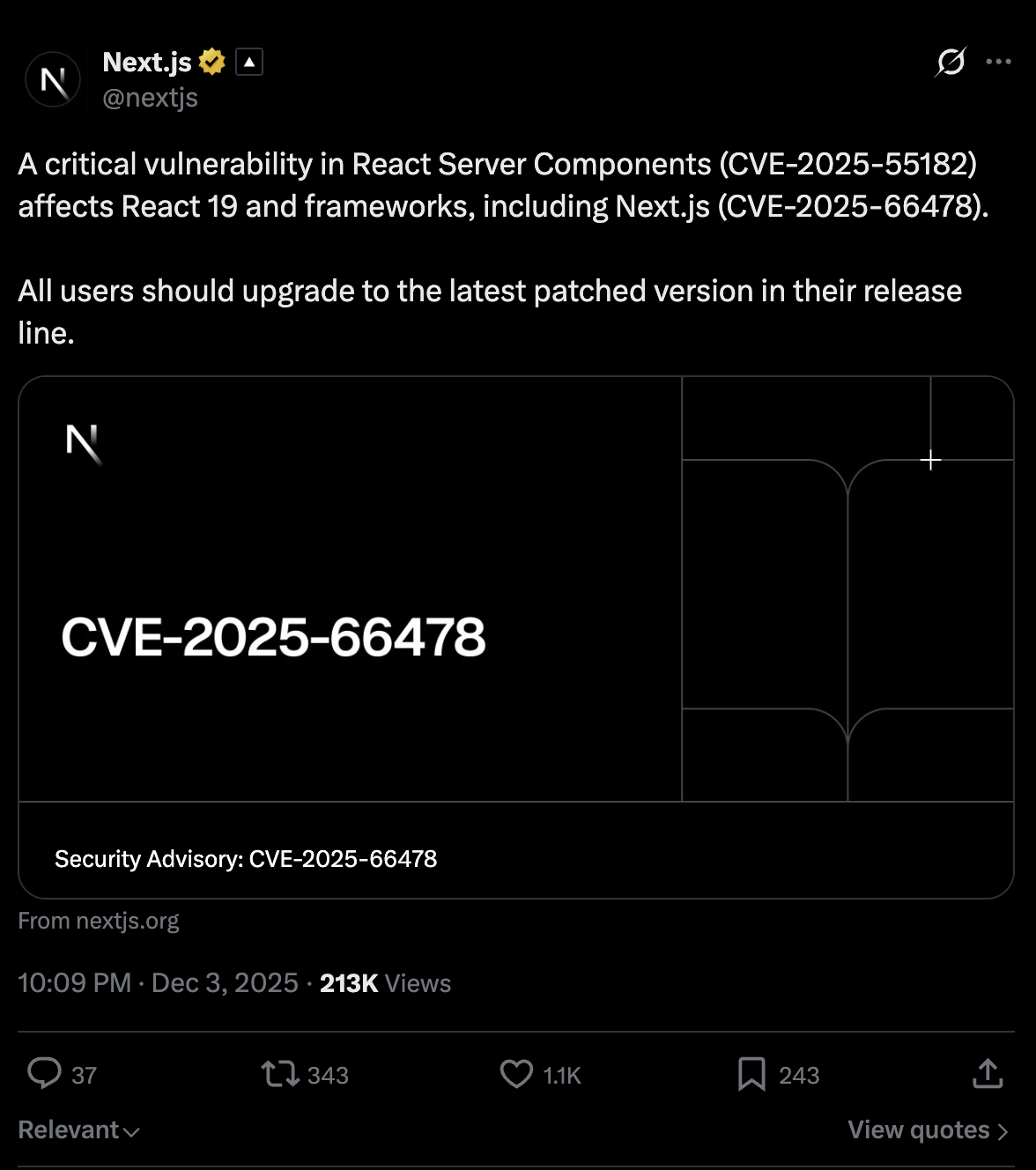 Next.js critical CVE-2025-66478 announcement