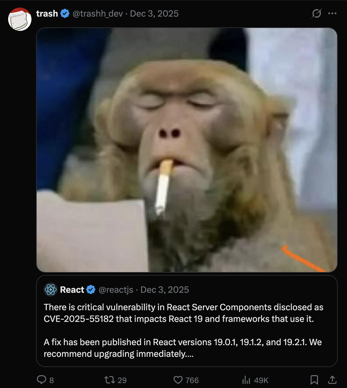 Developer reaction to React CVE announcement